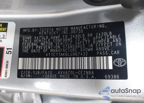 2020 Toyota Camry Le from USA, damaged, VIN 4T1C11AK6LU967432